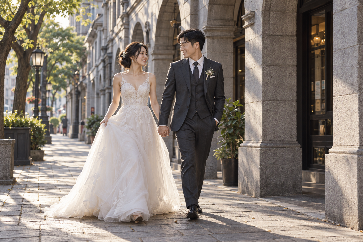 台灣新人在城市石造拱廊漫步的婚紗示意圖