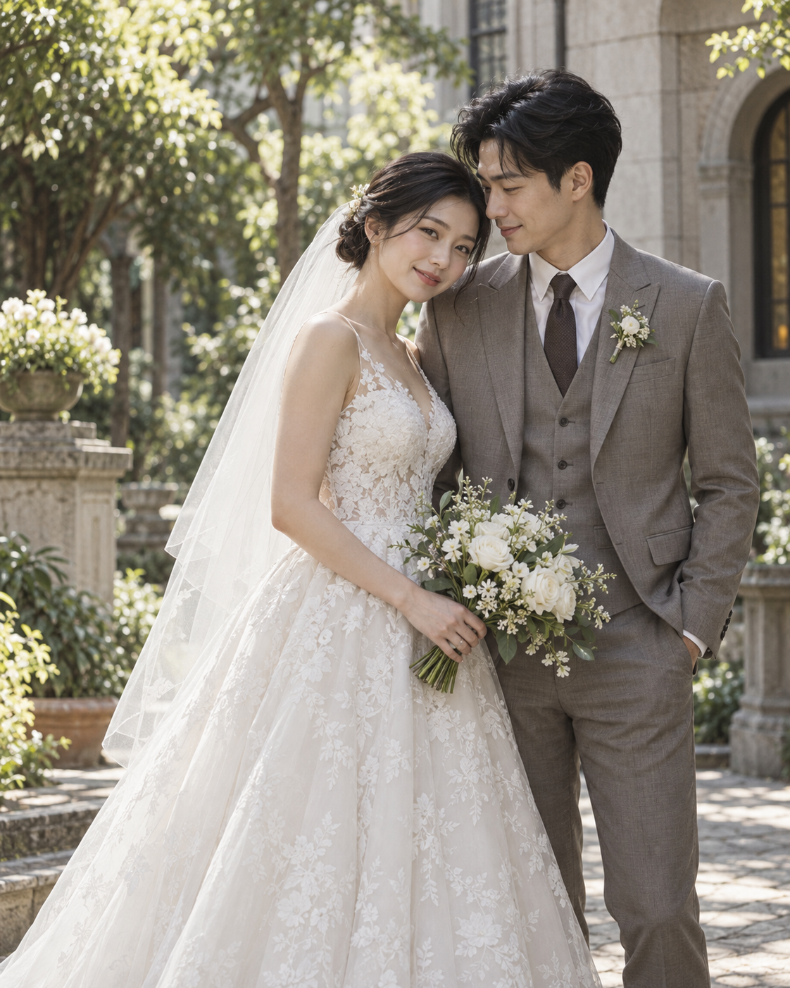 台灣新人形象在庭園相依的婚紗示意圖